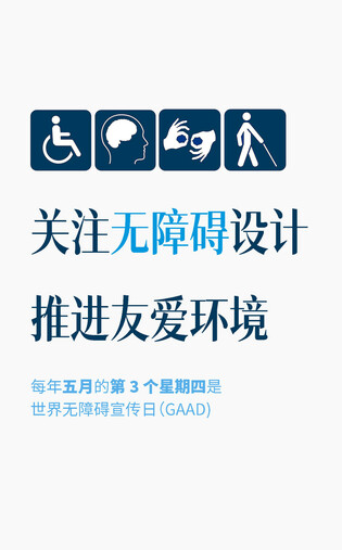 海报顶部显示五个代表不同无障碍类型的图标，从左到右依次为：轮椅符号（肢体障碍）、大脑侧面图（认知障碍）、手势“OK”图案（听力障碍）、手杖盲人图标（视力障碍）。
海报文字如下：
“关注无障碍设计，推进友爱环境”
副标题：“每年五月的第 3 个星期四是世界无障碍宣传日（GAAD）”