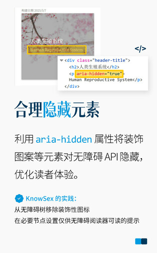 海报顶部为网页截图，是《人类生殖系统》一文的入口元素。中间是文字：“人类生殖系统”，下方是英文对应“Human Reproductive System”。由于英文部分属于装饰类元素，因此右下角插入了一段 HTML 结构代码截图，突出显示 aria-hidden值为true，借此向无障碍用户隐藏装饰元素减少困惑。
海报标题为：“合理隐藏元素”
正文说明：
“利用 aria-hidden 属性将装饰图案等元素对无障碍 API 隐藏，优化读者体验。KnowSex 的实践：从无障碍树移除装饰性图标；在必要节点设置仅供无障碍阅读器可读的提示”